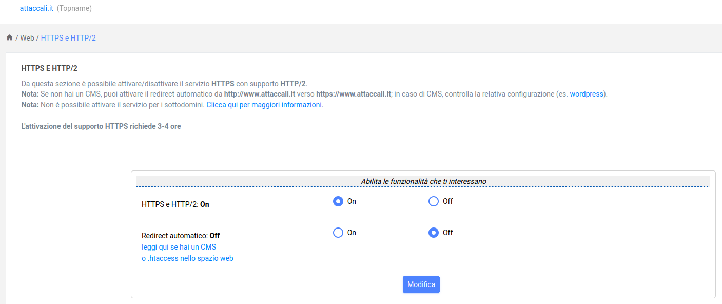 Schermata con le opzioni che abilitano HTTPS sul dominio